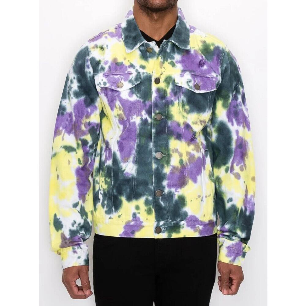 Victorious Men's Medium Distressed Tie Dye Long Sleeve Denim Jean Jacket Pockets